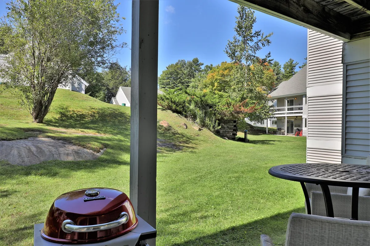 The scene features a well-maintained green lawn surrounded by trees, an outdoor dining table, and a grill—creating a welcoming atmosphere for barbecues, outdoor meals, or relaxing with friends against a natural backdrop.
